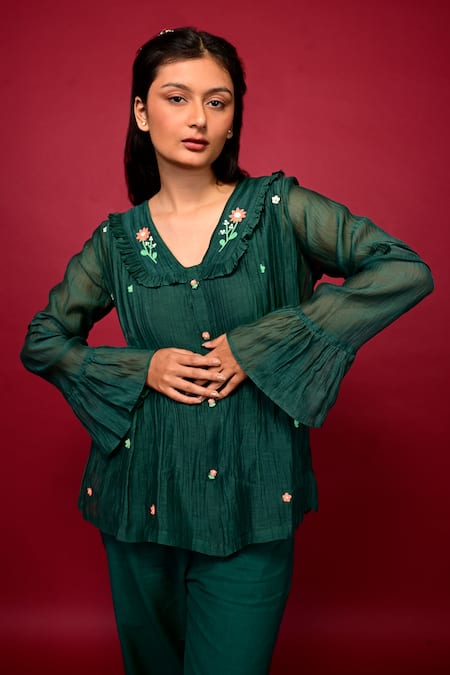 Shop_KKANYAAH_Green Silk, Cotton Embroidery Collared Placed Floral Shirt And Pant Co-ord Set _Online_at_Aza_Fashions