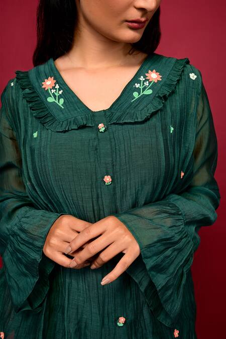 KKANYAAH_Green Silk, Cotton Embroidery Collared Placed Floral Shirt And Pant Co-ord Set _at_Aza_Fashions