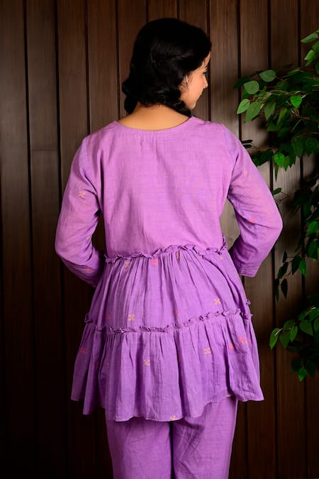 KKANYAAH_Purple Handloom , Embroidery Round Neck Floral Hand Pant Set _Online_at_Aza_Fashions