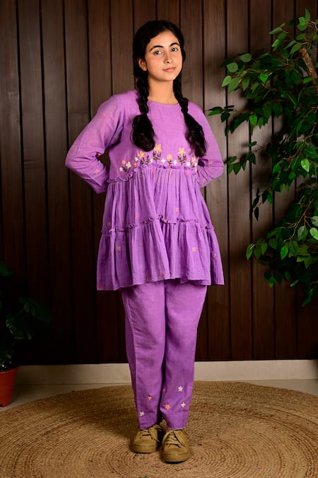 Buy_KKANYAAH_Purple Handloom , Embroidery Round Neck Floral Hand Pant Set _Online_at_Aza_Fashions