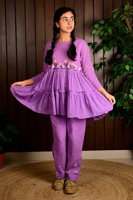 Shop_KKANYAAH_Purple Handloom , Embroidery Round Neck Floral Hand Pant Set _Online_at_Aza_Fashions