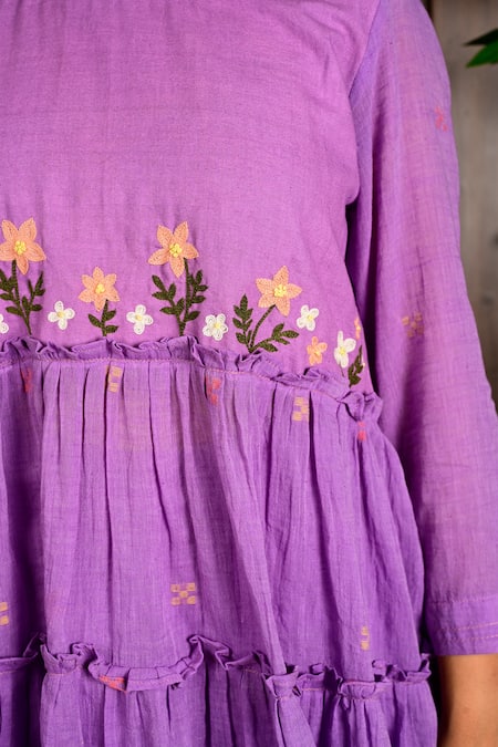 KKANYAAH_Purple Handloom , Embroidery Round Neck Floral Hand Pant Set _at_Aza_Fashions
