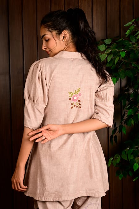 KKANYAAH_Brown Collared, V-neck Floral Hand Embroidered Wrap Top And Pant Set _Online_at_Aza_Fashions
