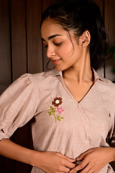 Buy_KKANYAAH_Brown Collared, V-neck Floral Hand Embroidered Wrap Top And Pant Set _Online_at_Aza_Fashions