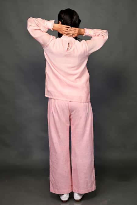 Shop KKANYAAH Pink Silk, Cotton Embroidery, Lace Collared Pintucked Top And Pant Co-ord Set at Aza Fashions Shop_KKANYAAH_Pink Silk, Cotton Embroidery, Lace Collared Pintucked Top And Pant Co-ord Set _at_Aza_Fashions