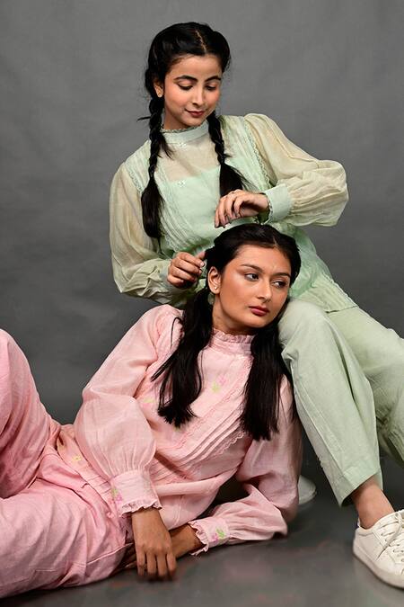 KKANYAAH Pink Silk, Cotton Embroidery, Lace Collared Pintucked Top And Pant Co-ord Set Online at Aza Fashions KKANYAAH_Pink Silk, Cotton Embroidery, Lace Collared Pintucked Top And Pant Co-ord Set _Online_at_Aza_Fashions
