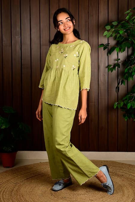 KKANYAAH_Green Handloom , Embroidery Handwoven Checkered Top And Pant Set _Online_at_Aza_Fashions