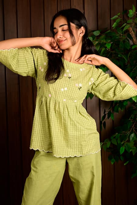 Buy_KKANYAAH_Green Handloom , Embroidery Handwoven Checkered Top And Pant Set _Online_at_Aza_Fashions