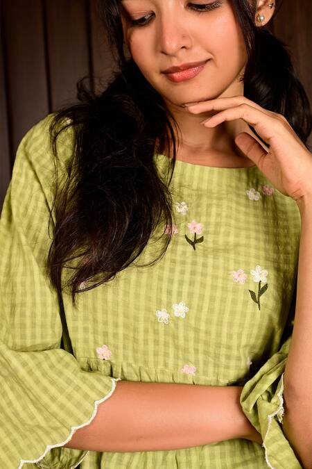 Shop_KKANYAAH_Green Handloom , Embroidery Handwoven Checkered Top And Pant Set _Online_at_Aza_Fashions