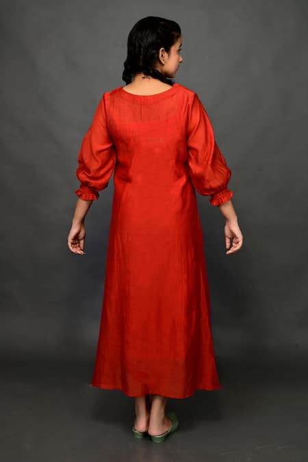 KKANYAAH_Red Silk, Cotton Embroidery V-neck Floral Hand Dress _Online_at_Aza_Fashions