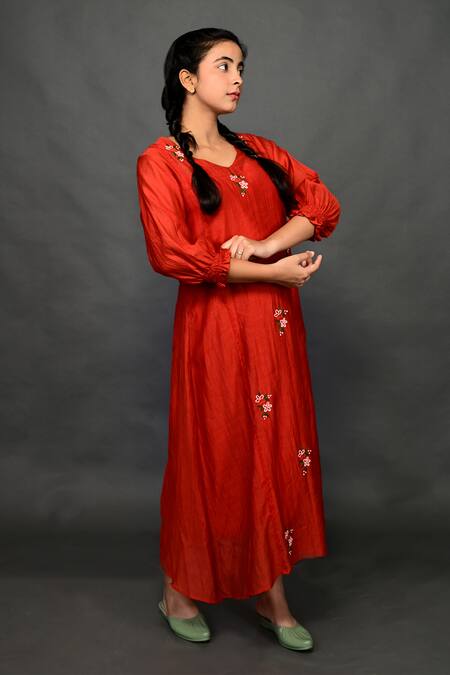 Buy_KKANYAAH_Red Silk, Cotton Embroidery V-neck Floral Hand Dress _Online_at_Aza_Fashions