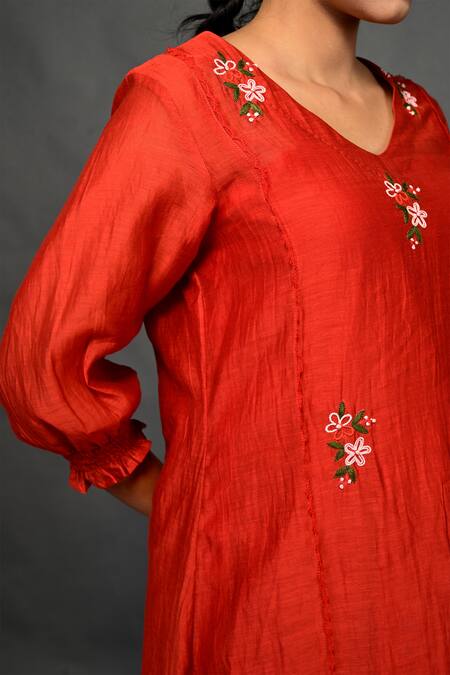 Shop_KKANYAAH_Red Silk, Cotton Embroidery V-neck Floral Hand Dress _Online_at_Aza_Fashions