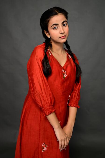 KKANYAAH_Red Silk, Cotton Embroidery V-neck Floral Hand Dress _at_Aza_Fashions