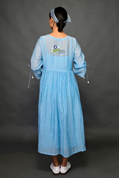 KKANYAAH Blue Silk, Cotton Embroidery V-neck Pleated Bodice Dress Online at Aza Fashions KKANYAAH_Blue Silk, Cotton Embroidery V-neck Pleated Bodice Dress _Online_at_Aza_Fashions