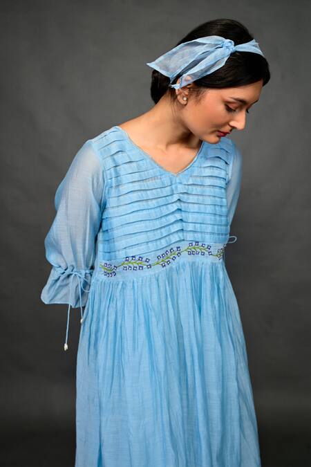 Buy KKANYAAH Blue Silk, Cotton Embroidery V-neck Pleated Bodice Dress Online at Aza Fashions Buy_KKANYAAH_Blue Silk, Cotton Embroidery V-neck Pleated Bodice Dress _Online_at_Aza_Fashions