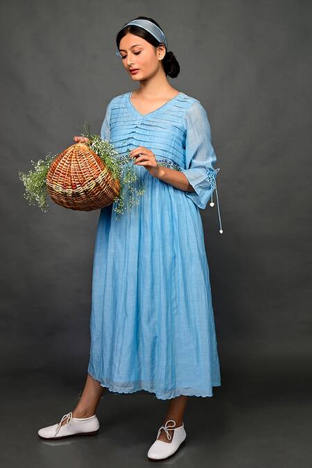 Shop KKANYAAH Blue Silk, Cotton Embroidery V-neck Pleated Bodice Dress Online at Aza Fashions Shop_KKANYAAH_Blue Silk, Cotton Embroidery V-neck Pleated Bodice Dress _Online_at_Aza_Fashions