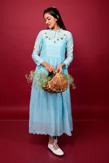 KKANYAAH_Blue Cotton, Silk Embroidery High Neck Placed Floral Hand Dress _Online_at_Aza_Fashions