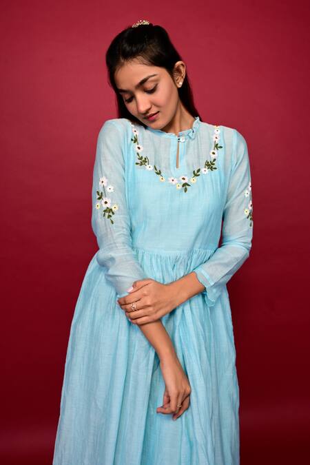 KKANYAAH_Blue Cotton, Silk Embroidery High Neck Placed Floral Hand Dress _at_Aza_Fashions