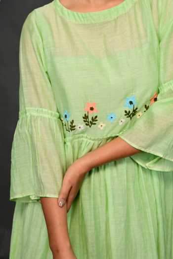 Shop KKANYAAH Green Silk, Cotton Embroidery Round Neck Floral Waist Dress Online at Aza Fashions Shop_KKANYAAH_Green Silk, Cotton Embroidery Round Neck Floral Waist Dress _Online_at_Aza_Fashions