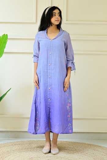 Shop KKANYAAH Blue Silk, Cotton Embroidery Collared Floral Ombre Shirt Dress Online at Aza Fashions Shop_KKANYAAH_Blue Silk, Cotton Embroidery Collared Floral Ombre Shirt Dress _Online_at_Aza_Fashions