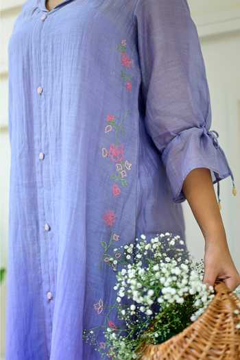 KKANYAAH Blue Silk, Cotton Embroidery Collared Floral Ombre Shirt Dress at Aza Fashions KKANYAAH_Blue Silk, Cotton Embroidery Collared Floral Ombre Shirt Dress _at_Aza_Fashions