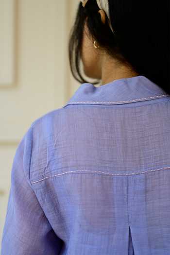 Shop KKANYAAH Blue Silk, Cotton Embroidery Collared Floral Ombre Shirt Dress Shop_KKANYAAH_Blue Silk, Cotton Embroidery Collared Floral Ombre Shirt Dress