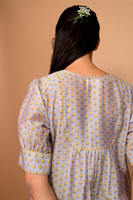 KKANYAAH Silver Handloom Cotton, Silk Embroidery V-neck Handwoven Floral Print Dress Online at Aza Fashions KKANYAAH_Silver Handloom Cotton, Silk Embroidery V-neck Handwoven Floral Print Dress _Online_at_Aza_Fashions