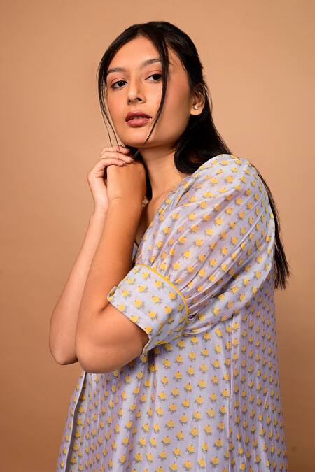 Buy KKANYAAH Silver Handloom Cotton, Silk Embroidery V-neck Handwoven Floral Print Dress Online at Aza Fashions Buy_KKANYAAH_Silver Handloom Cotton, Silk Embroidery V-neck Handwoven Floral Print Dress _Online_at_Aza_Fashions