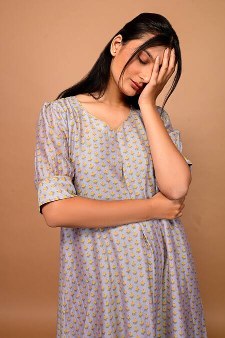 Shop KKANYAAH Silver Handloom Cotton, Silk Embroidery V-neck Handwoven Floral Print Dress Online at Aza Fashions Shop_KKANYAAH_Silver Handloom Cotton, Silk Embroidery V-neck Handwoven Floral Print Dress _Online_at_Aza_Fashions