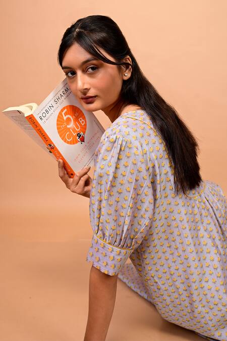 KKANYAAH Silver Handloom Cotton, Silk Embroidery V-neck Handwoven Floral Print Dress at Aza Fashions KKANYAAH_Silver Handloom Cotton, Silk Embroidery V-neck Handwoven Floral Print Dress _at_Aza_Fashions