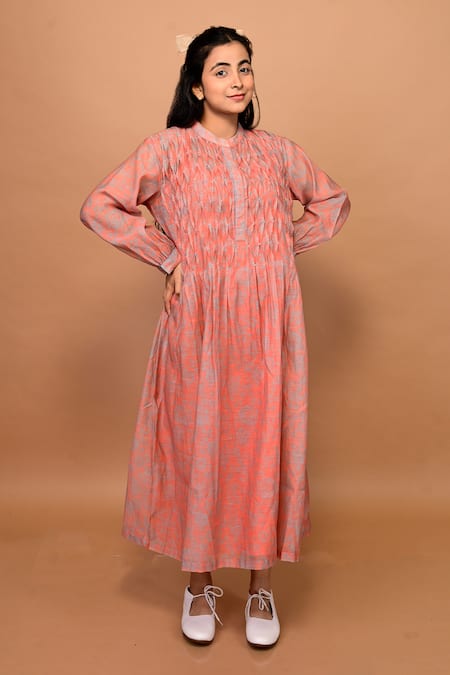 KKANYAAH Orange Dress- Handwoven Silk Printed Floral Band Collar Rose Smocked 