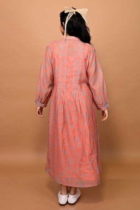 KKANYAAH_Orange Handloom Cotton, Silk Bandeau Neck Rose Print Smocked Dress _Online_at_Aza_Fashions