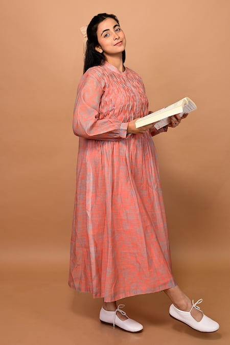 Buy_KKANYAAH_Orange Handloom Cotton, Silk Bandeau Neck Rose Print Smocked Dress _Online_at_Aza_Fashions