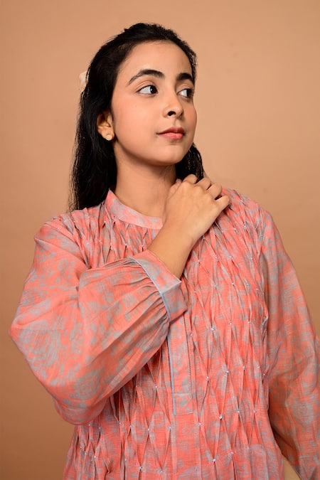 Shop_KKANYAAH_Orange Handloom Cotton, Silk Bandeau Neck Rose Print Smocked Dress _Online_at_Aza_Fashions