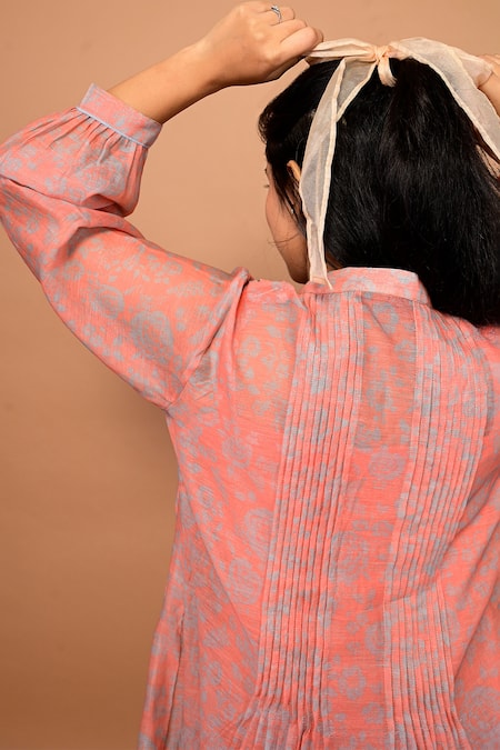 KKANYAAH_Orange Handloom Cotton, Silk Bandeau Neck Rose Print Smocked Dress _at_Aza_Fashions