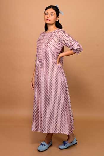 KKANYAAH Pleated Yoke Floral Print Dress 