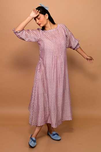 Buy_KKANYAAH_Pink Handloom Cotton, Silk Beads Round Neck Pleated Yoke Floral Print Dress _Online_at_Aza_Fashions