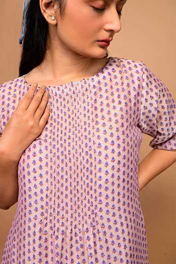 Shop_KKANYAAH_Pink Handloom Cotton, Silk Beads Round Neck Pleated Yoke Floral Print Dress _Online_at_Aza_Fashions