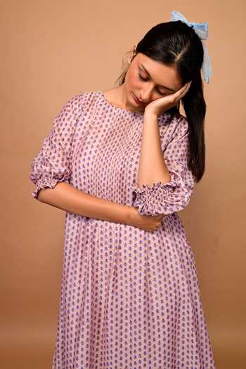 KKANYAAH_Pink Handloom Cotton, Silk Beads Round Neck Pleated Yoke Floral Print Dress _at_Aza_Fashions
