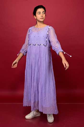 KKANYAAH_Blue Handloom Cotton, Silk Embroidery, Tassels Round Floral Hand Gathered Dress _Online_at_Aza_Fashions