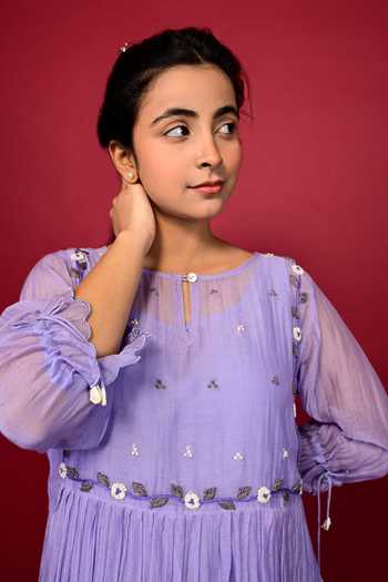 Buy_KKANYAAH_Blue Handloom Cotton, Silk Embroidery, Tassels Round Floral Hand Gathered Dress _Online_at_Aza_Fashions