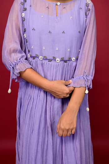 Shop_KKANYAAH_Blue Handloom Cotton, Silk Embroidery, Tassels Round Floral Hand Gathered Dress _Online_at_Aza_Fashions