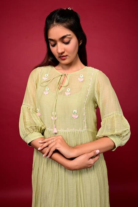 Buy_KKANYAAH_Green Silk, Cotton Embroidery Open Neck Floral Hand Bodice Gathered Dress _Online_at_Aza_Fashions