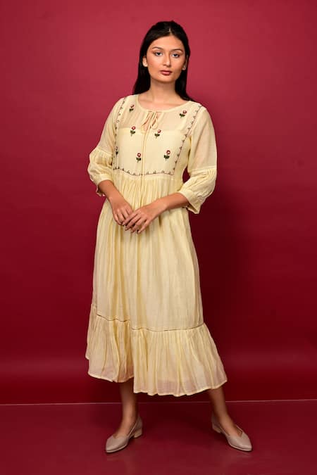 KKANYAAH Ivory Dress- Pure Handwoven Silk Hand Embroidered Bodice Gathered 