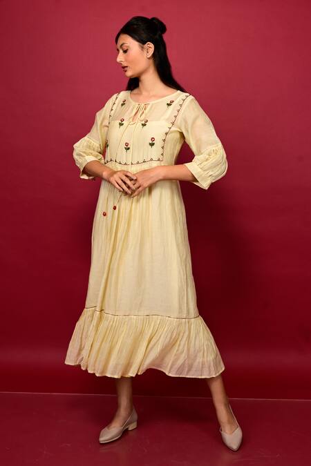 KKANYAAH_Ivory Silk, Cotton Embroidery Round Neck Floral Bodice Gathered Dress _Online_at_Aza_Fashions