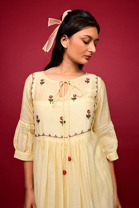 Buy_KKANYAAH_Ivory Silk, Cotton Embroidery Round Neck Floral Bodice Gathered Dress _Online_at_Aza_Fashions