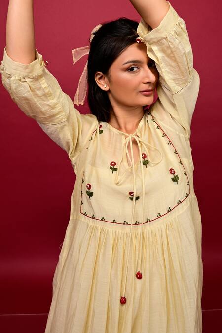 Shop_KKANYAAH_Ivory Silk, Cotton Embroidery Round Neck Floral Bodice Gathered Dress _Online_at_Aza_Fashions