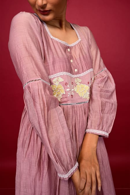 KKANYAAH_Pink Silk, Cotton Lace, Applique Square Neck Embroidered Midi Dress _Online_at_Aza_Fashions