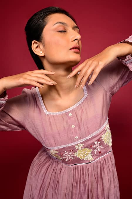 Buy_KKANYAAH_Pink Silk, Cotton Lace, Applique Square Neck Embroidered Midi Dress _Online_at_Aza_Fashions