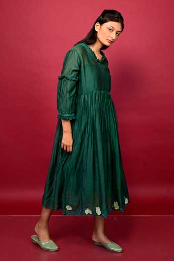 KKANYAAH_Green Silk, Cotton Applique, Embroidery, Ruffles V-neck Floral Midi Dress _Online_at_Aza_Fashions